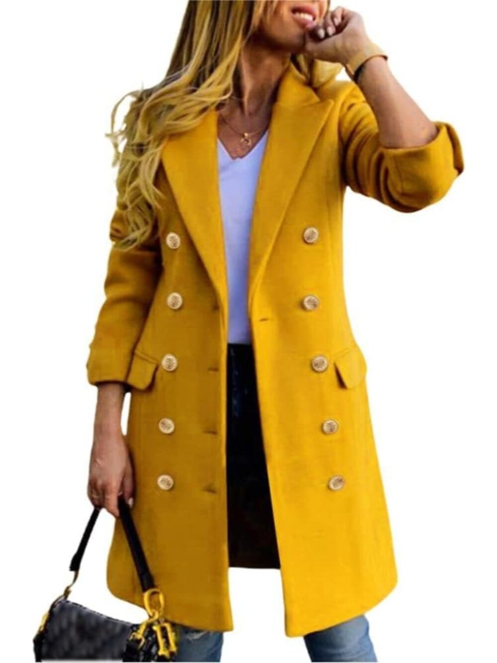 Womens Yellow Wool Blend Double Breasted Gold Buttons Fall Midi Long Trench Coat